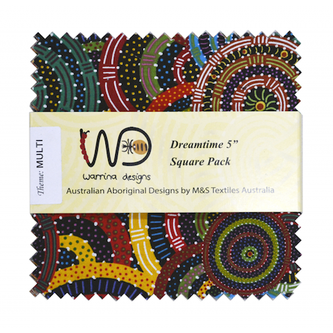The Dreamtime 5" Square packs in many colors are comprised of 20 different prints of Australian Aboriginal fabric, 2 squares of each print for a total of 40 squares.