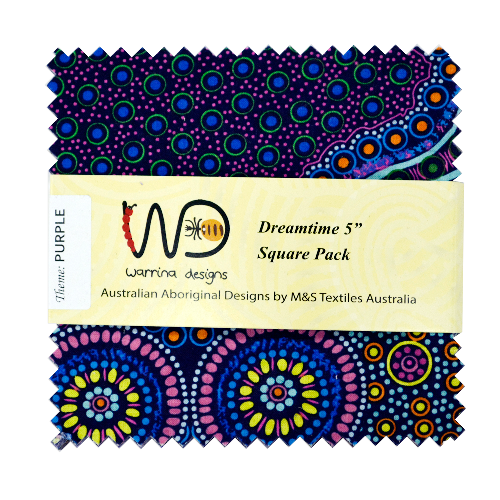 The Dreamtime 5" Square packs in purples are comprised of 20 different prints of Australian Aboriginal fabric, 2 squares of each print for a total of 40 squares. 