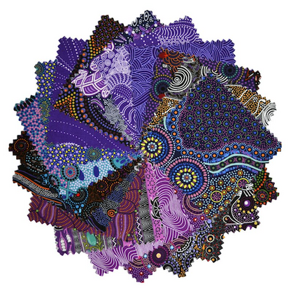 The Dreamtime 5" Square packs in purples are comprised of 20 different prints of Australian Aboriginal fabric, 2 squares of each print for a total of 40 squares. 