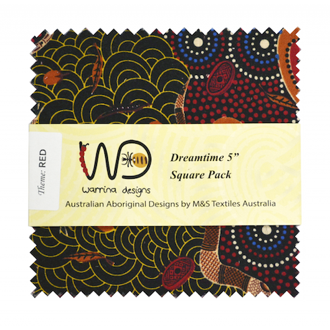 The Dreamtime 5" Square packs in red are comprised of 20 different prints of Australian Aboriginal fabric, 2 squares of each print for a total of 40 squares. 