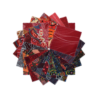 The Dreamtime 5" Square packs in red are comprised of 20 different prints of Australian Aboriginal fabric, 2 squares of each print for a total of 40 squares. 
