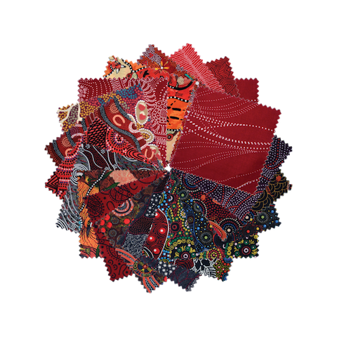The Dreamtime 5" Square packs in red are comprised of 20 different prints of Australian Aboriginal fabric, 2 squares of each print for a total of 40 squares. 