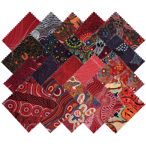 The Dreamtime 5" Square packs in red are comprised of 20 different prints of Australian Aboriginal fabric, 2 squares of each print for a total of 40 squares. 