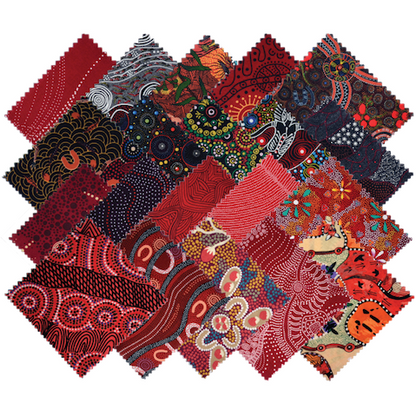 The Dreamtime 5" Square packs in red are comprised of 20 different prints of Australian Aboriginal fabric, 2 squares of each print for a total of 40 squares. 