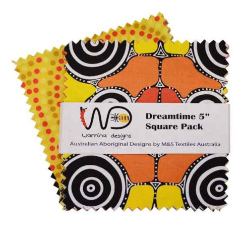The Dreamtime 5" Square packs in yellow are comprised of 20 different prints of Australian Aboriginal fabric, 2 squares of each print for a total of 40 squares.