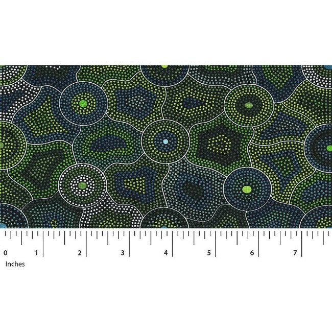 Akuna is the aboriginal word for Flowing Water, and Agnes perfectly depicted the waterholes (dots) and snakes that guard the water (lines) in many shades of green on this Australian Aboriginal fabric. 