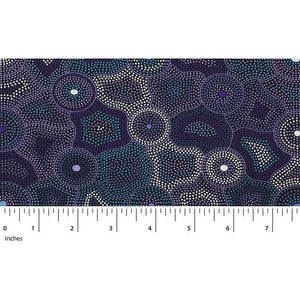 Akuna is the aboriginal word for Flowing Water, and Agnes perfectly depicted the waterholes (dots) and snakes that guard the water (lines) in many shades of purple on this exciting Australian Aboriginal fabric.