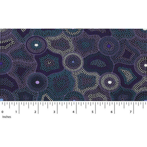 Akuna is the aboriginal word for Flowing Water, and Agnes perfectly depicted the waterholes (dots) and snakes that guard the water (lines) in many shades of purple on this exciting Australian Aboriginal fabric.