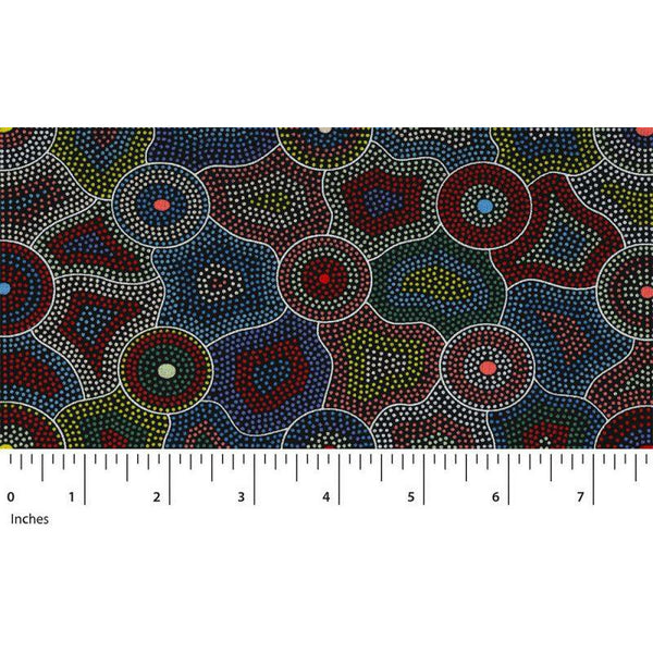 Akuna is the aboriginal word for Flowing Water, and Agnes perfectly depicted the waterholes (dots) and snakes that guard the water (lines) in many shades of red on this Australian Aboriginal fabric.