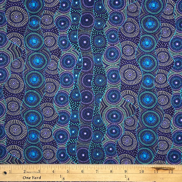 Alpara Seed purple Australian Aboriginal fabric is an intricate design depicting the alpara (rat-tail plant) seeds in rich shades of blues, periwinkles and turquoise on a black background.