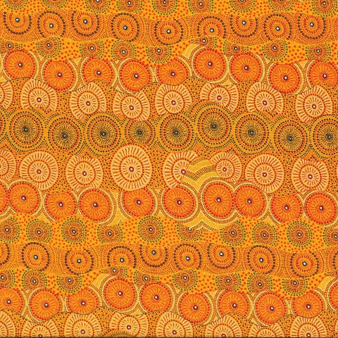 Alpara Seed yellow Australian Aboriginal fabric is an intricate design depicting the alpara (rat-tail plant) seeds in brilliant shades of orange, red and Sunshine on a yellow background.