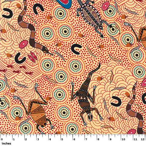 Around Waterhole Ecru Australian Aboriginal Fabric by Nambooka depicts the goings on around a waterhole on a hot summer day: snakes, goannas, turtles, frogs and people are all seen  wandering around