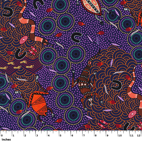 Around Waterhole Purple Australian Aboriginal Fabric by Nambooka depicts the goings on around a waterhole on a hot summer day, with Goannas, snakes, turles, frogs and people all wandering around on the purple background