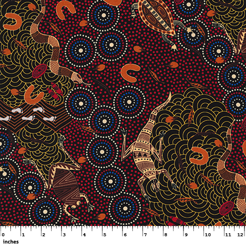 Around Waterhole Red Australian Aboriginal Fabric by Nambooka depicts the goings on around a waterhole on a hot summer day: Snakes, goannas, turtles, frogs and people can be seen wandering around on a red background