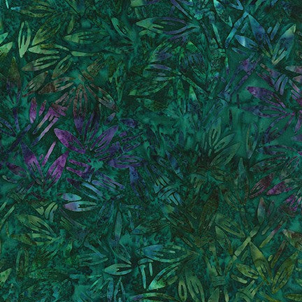 Bamboo from the Evening Glow line is a striking fabric in a darkish green leaves and bamboo stems with little specks of blue, purple and lighter green highlights. 