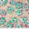 A green and red flower petal design on a beige background with white dots