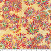 Aster-like flowers in purple, red and green on a yellow background