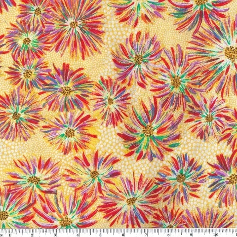 Aster-like flowers in purple, red and green on a yellow background