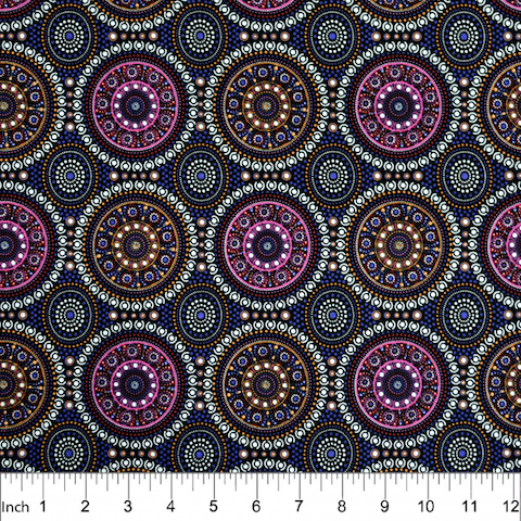 Bush Berry Blue Australian Aboriginal fabric is a gorgeous dark blue, pink and light blue circle design depicting abstract flowers, printed on high thread count 100 % cotton with a soft hand. 