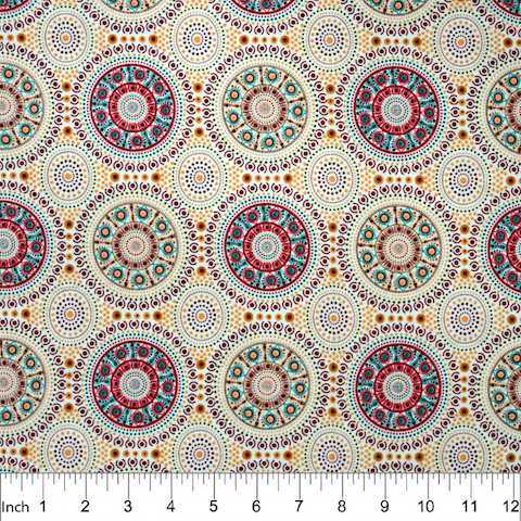 Bush Berry  Ecru Aboriginal fabric is a gorgeous red and green circle design on an ecru background depicting abstract flowers, printed on high thread count 100 % cotton with a soft hand.