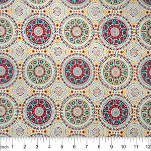 Bush Berry  Ecru Aboriginal fabric is a gorgeous red and green circle design on an ecru background depicting abstract flowers, printed on high thread count 100 % cotton with a soft hand.