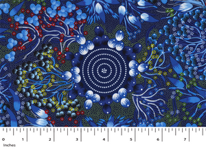 Bush Fruits Rayon in blue is a gorgeous design of flowers and circles in blues, white, green and with yellow accents on a black background. 