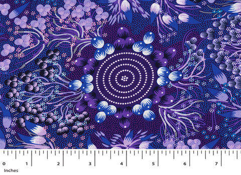 Bush Fruits Rayon in purple  is a gorgeous design of flowers and circles in purples, blue and white on a black background. 