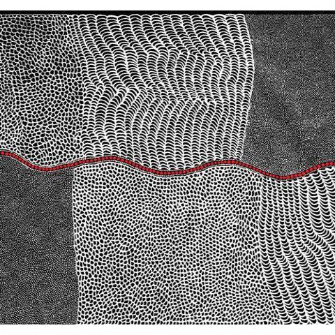 Bush Onion Dreaming Black Australian Aboriginal fabric is an attractively patterned 100 % cotton fabric in black and white with a small red stripe running through it. 