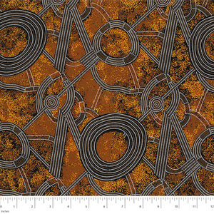 Bush Plum 2 Gold Australian Aboriginal fabric is an abstract design of circles in white and brown that are connected by paths on a rich dark gold background with black outlines.