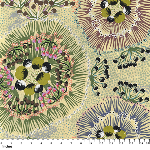 Bush Plum Ecru Australian Aboriginal fabric by Polly Wheeler is a delightful design showing the inside of a Bush Plum when it is cut open, printed in shades of olive and burgundy with black on an ecru background.