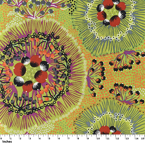 Bush Plum Green Australian Aboriginal fabric by Polly Wheeler is a delightful design showing the inside of a Bush Plum when it is cut open, printed in shades of grey and burgundy with black on a light green background.