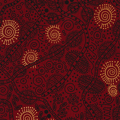 Bush Tucker red Australian Aboriginal fabric depicts different kinds of bush food in black and yellow on a rich red background. 