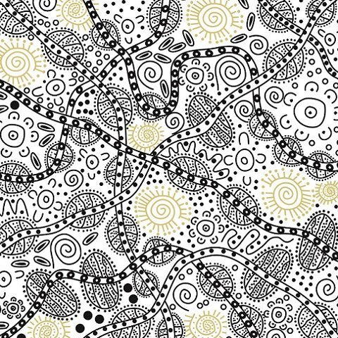 Bush Tucker White Australian Aboriginal fabric depicts different kinds of bush food in black and yellow on a white background. 