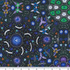 brilliant blue and emerald flowers of different designs on a black background