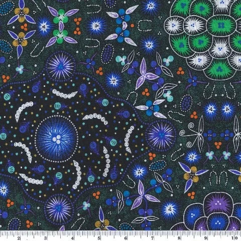 brilliant blue and emerald flowers of different designs on a black background