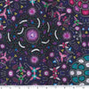 Various flowers in purples, magenta and blue on a black and dark purple background