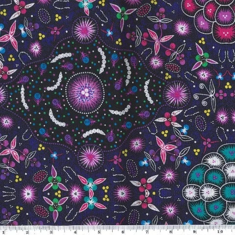 Various flowers in purples, magenta and blue on a black and dark purple background