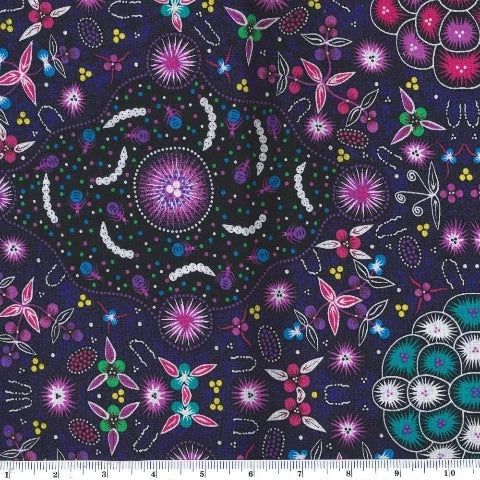 Various flowers in purples, magenta and blue on a black and dark purple background