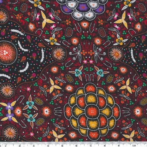 Orange, red and yellow flowers on a black and red background