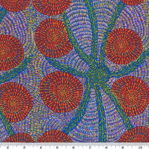 Bush Medicine with long stripes blue Australian Aboriginal fabric by Eileen Bonney looks like embroidered flowers in red on a purple background, connected with each other by blue stripes