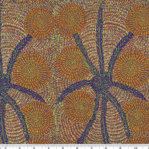 Bush Medicine with long Stripes Navy blue Australian Aboriginal fabric by Eileen Booney is a design that looks almost like embroidery - circular designs in olive green and purple connected by navy blue stripes on a purplish background