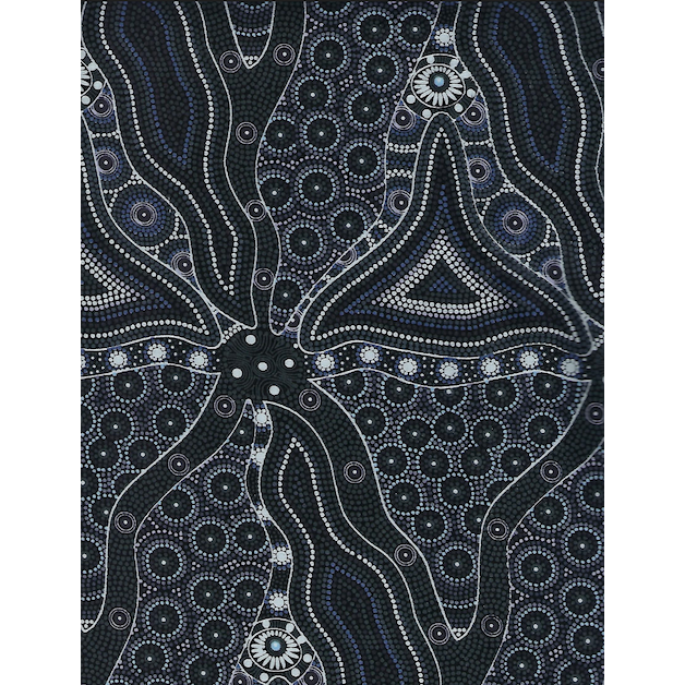 Bush Tomato and Waterhole black Australian Aboriginal fabric by Cindy Wallace for M&S Textiles is an attractive large scale flowing design in luscious shades of black, white, greys, dusty lavender and baby blue on a black background. 