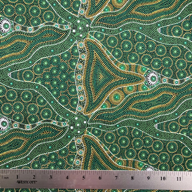 Bush Tomato and Waterhole green Australian Aboriginal fabric by Cindy Wallace for M&S Textiles is an attractive large scale flowing design in luscious shades of greens and yellows on a black background, with a smidge of white thrown in for good measure.