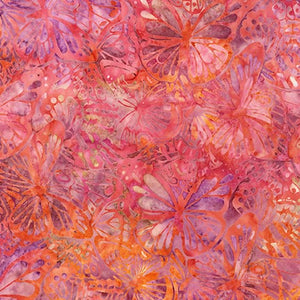 Butterflies Ivory is a lovely batik, depicting pink, orange and peach colored butterflies on a pink and purple background. 