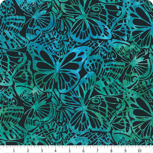 Butterflies Ivory is a lovely batik, depicting blue and green butterflies on a super-dark navy background.