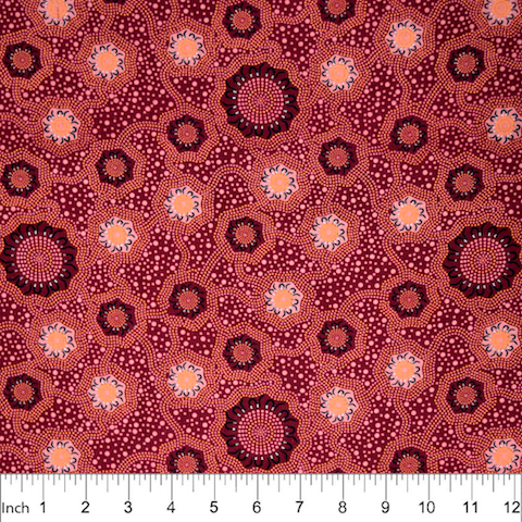 Caming Ground Magenta Australian Aboriginal Fabric by Charlie Egan depicts the goings on at a corroborree where important discussions with the elders take place 