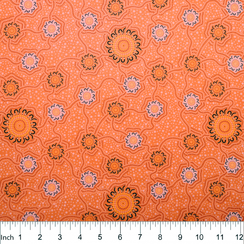 Caming Ground Gold Australian Aboriginal Fabric by Charlie Egan depicts the goings on at a corroborree where important discussions with the elders take place 
