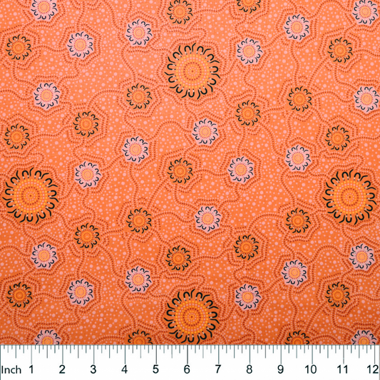 Caming Ground Gold Australian Aboriginal Fabric by Charlie Egan depicts the goings on at a corroborree where important discussions with the elders take place 