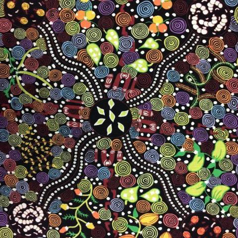 Corroboree black is a design featuring bush foods and fruits as well as, people sitting around the area, in orange, green and muted browns and blues on a black background with white details.