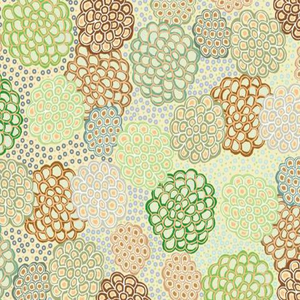 Dancing Flowers green by June Smith is a lovely design in light colors, depicting flower heads. 